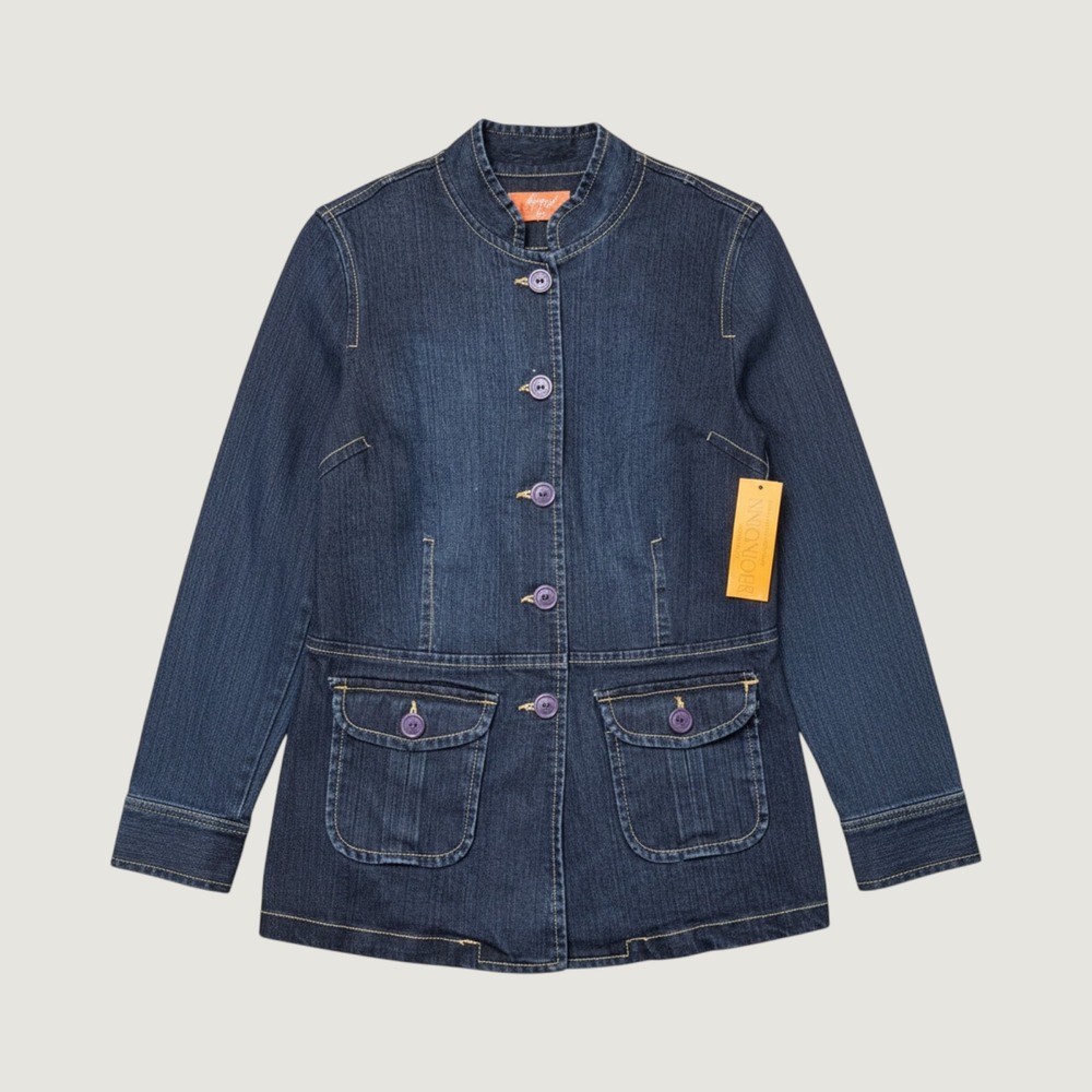 Bonjour Raw Stretch Indigo Denim Jacket Womens Small Dark Wash Mock Neck Relaxed